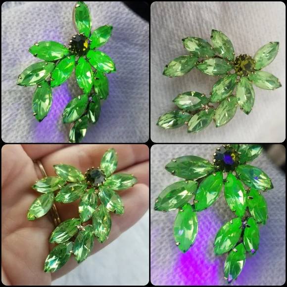 Relisted Vintage uranium glass rhinestone brooch green sparkly depression UV pin - Picture 1 of 14